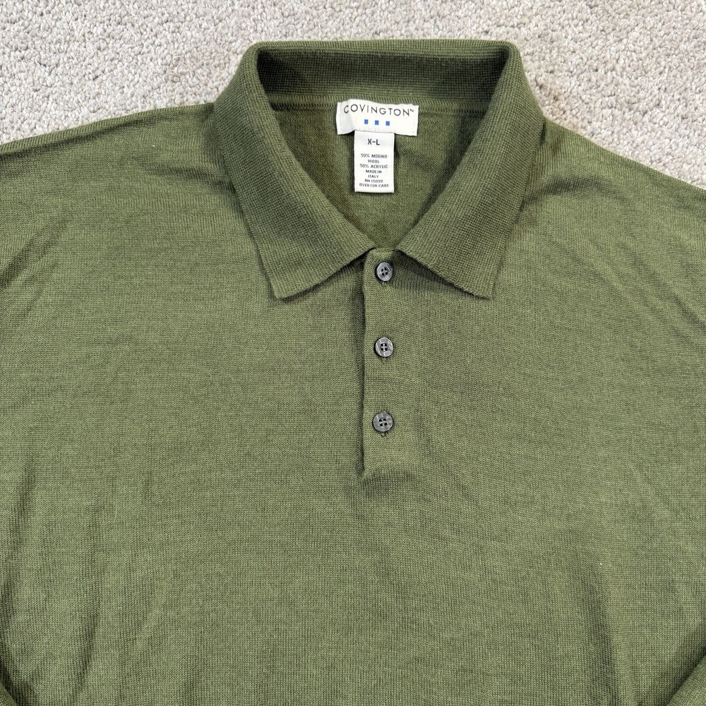 Covington Long Sleeve Polo Sweater‎ XL Green Wool Blend Italy Classic Knit VTG